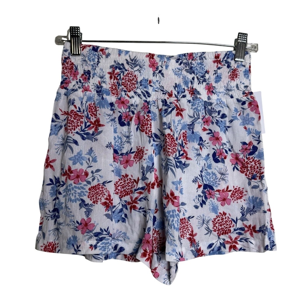 Pink Rose Boho Floral High‎ Waisted Shorts Medium Blue Red White Smocked Waist